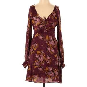 Free People Morning Light Floral Long Sleeve Size 2 Burgundy Dress